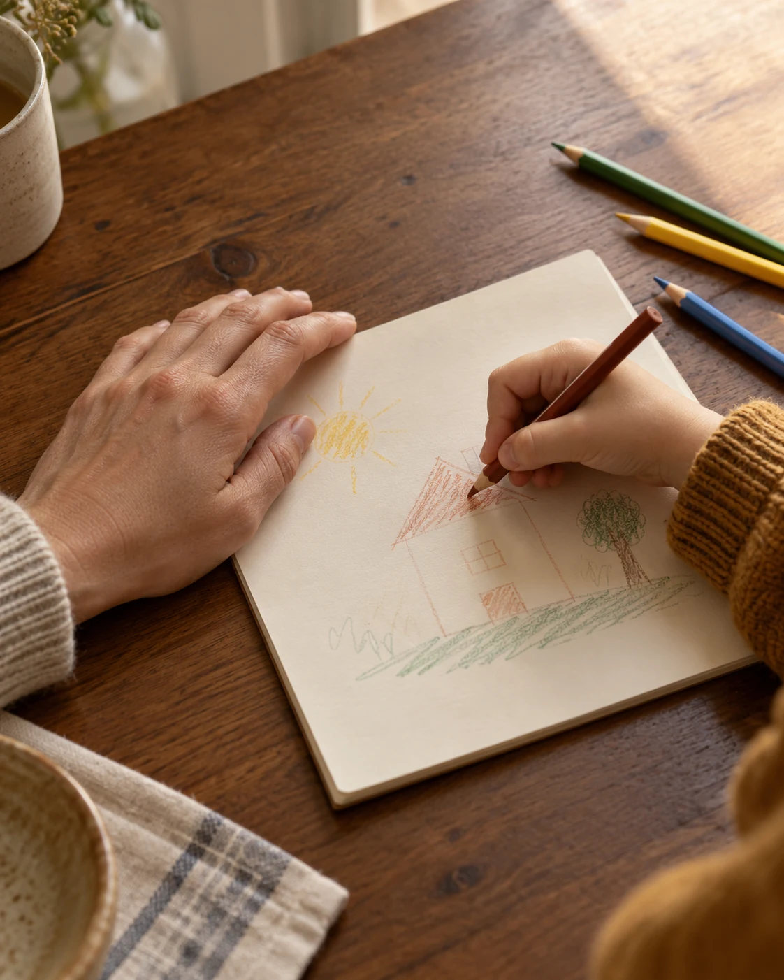 An adult steadies a sketchbook while a child draws a house in coloured pencil.