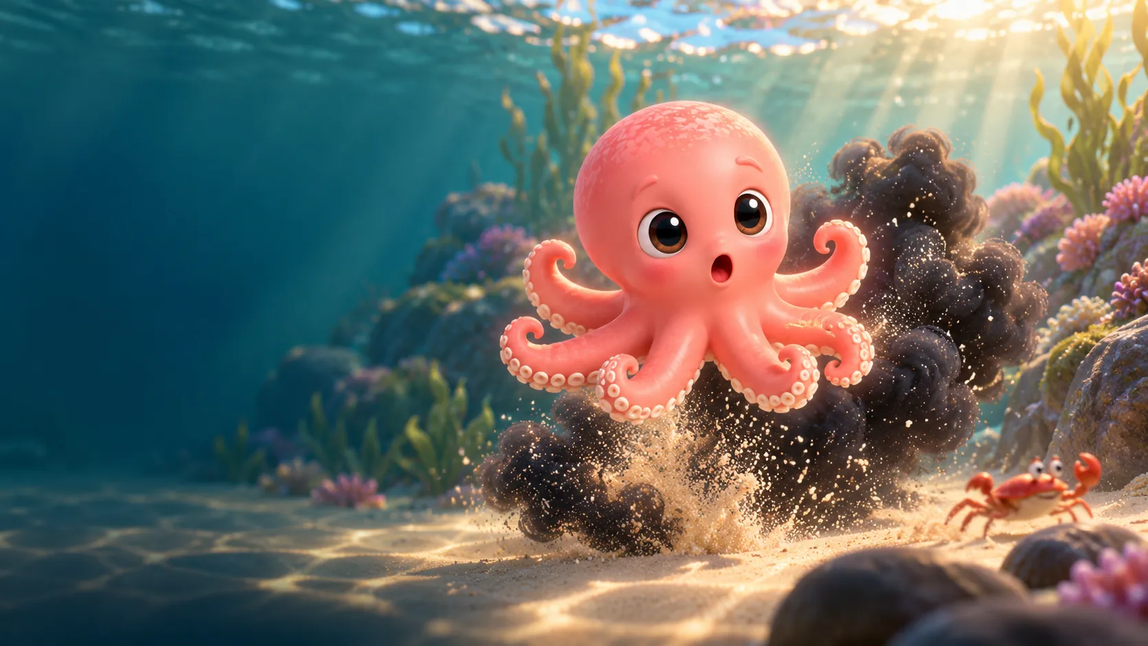 Oona, a coral-pink octopus, startles in a burst of black ink above the sandy sea floor while a small crab looks on.