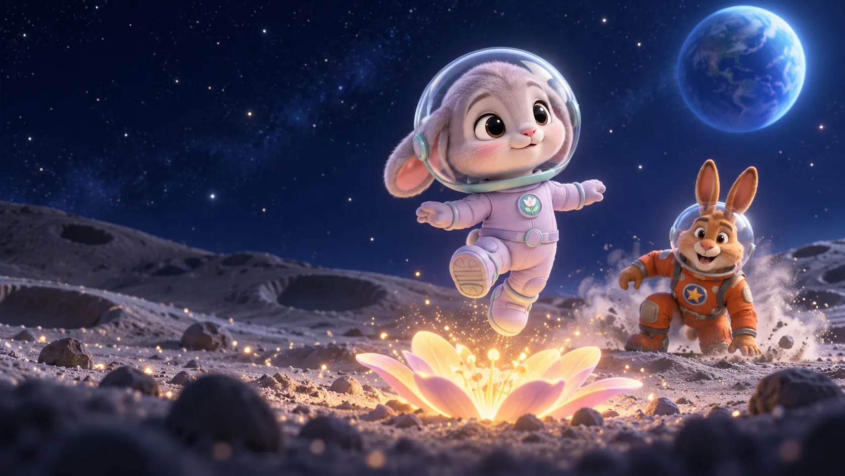 Tella, a small lilac moon-hare in a space suit, leaps above a glowing flower on the moon while Cosmo, in orange, bounds along behind her.