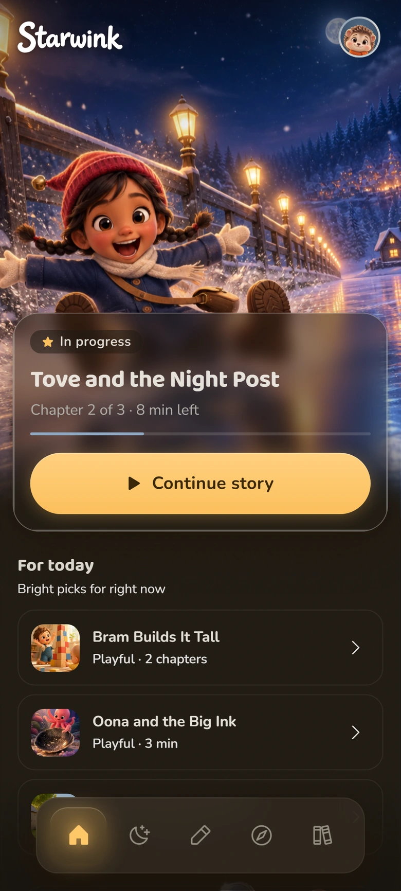 The Starwink Home screen. Tove and the Night Post is in progress at chapter 2 of 3, with a Continue story button and more stories listed under For today.